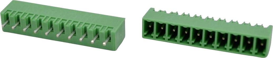 Zwei grüne dreipolige Schraubklemmenblöcke, eine Frontalansicht und eine Schrägansicht, auf weißem Hintergrund dargestellt.