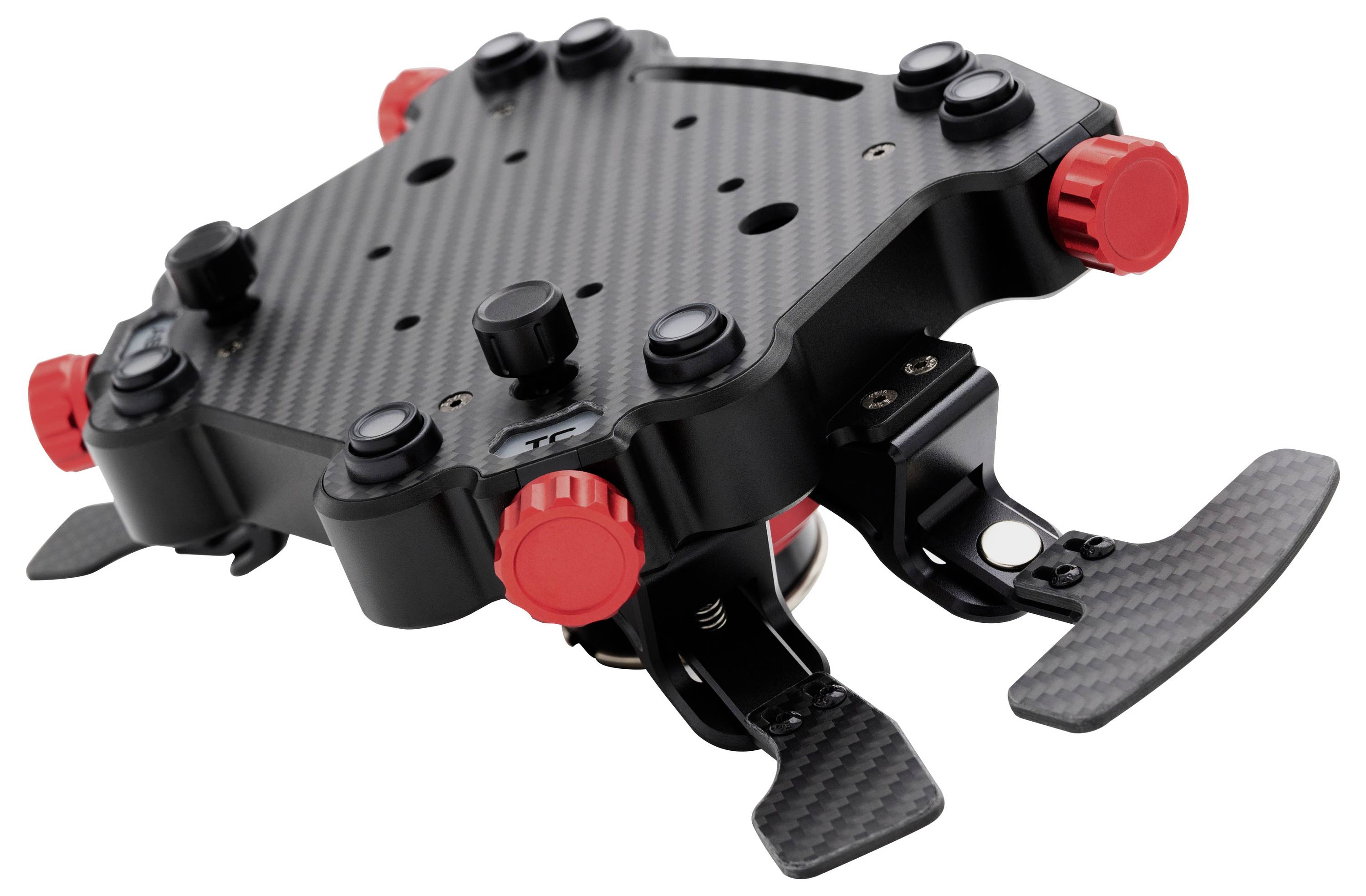 Kohlefaser-Drohnen-Gimbal-Halterung mit vier roten Stellknöpfen und zwei schwarzen Fußpedalen auf weißem Hintergrund.