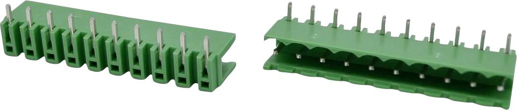 Zwei Ansichten eines grünen Leiterplatten-Schraubklemmenblocks mit mehreren Metallstiften, von oben und von der Seite dargestellt.