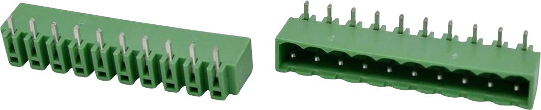 Zwei grüne Leiterplatten-Drahtsteckverbinder von vorne und von der Seite gezeigt, jeder mit mehreren Metallstiften auf der Oberseite.