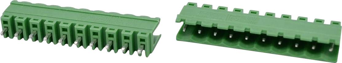 Grüner Kunststoff-Elektrosteckverbinder, von vorne und hinten dargestellt, mit mehreren Drahtanschlüssen und Verriegelungslaschen.