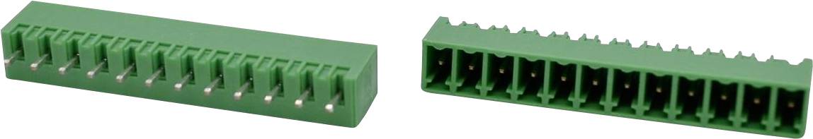 Zwei grüne elektronische Stecker mit Metallstiften, nebeneinander auf weißem Hintergrund dargestellt.