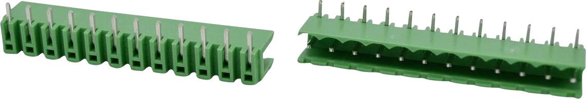 Grüne Kunststoff-Elektrostecker-Gehäuse von zwei Blickwinkeln gezeigt, mit sichtbaren Reihen von Stiften/Schlitzen auf beiden Seiten.