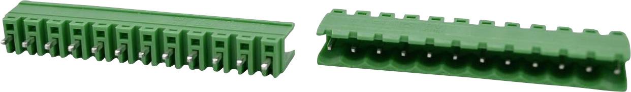 Zwei grüne Kunststoff-Verbindungsleisten mit gleichmäßig verteilten Schlitzen und Stiften, nebeneinander auf weißem Hintergrund gezeigt.