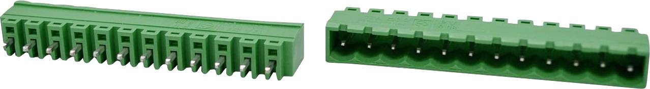 Zwei grüne rechteckige elektronische Steckverbinder-Streifen, gezeigt aus schrägem Front- und Seitenblick.