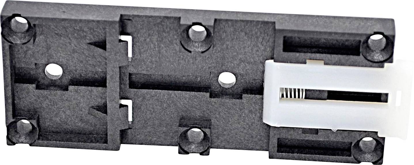 Schwarzes Kunststoff-Elektronikverbindergehäuse mit Metallschrauben und einer weißen Terminaleinlage auf der rechten Seite