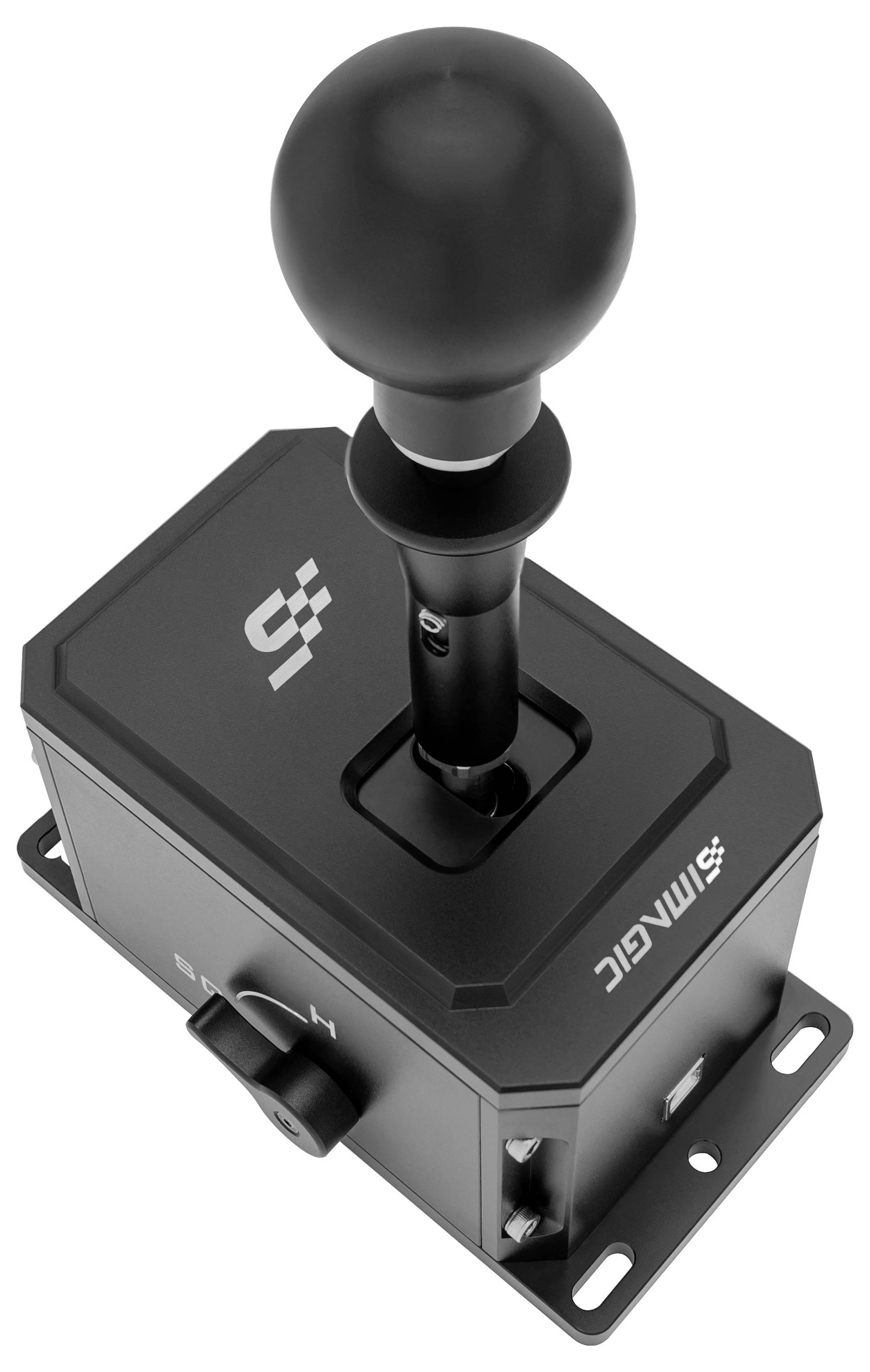 Schwarzer Joystick-ähnlicher Steuerhebel montiert auf einer kompakten rechteckigen Grundplatte mit seitlichem Drehregler und Befestigungslöchern, shown on a white background.