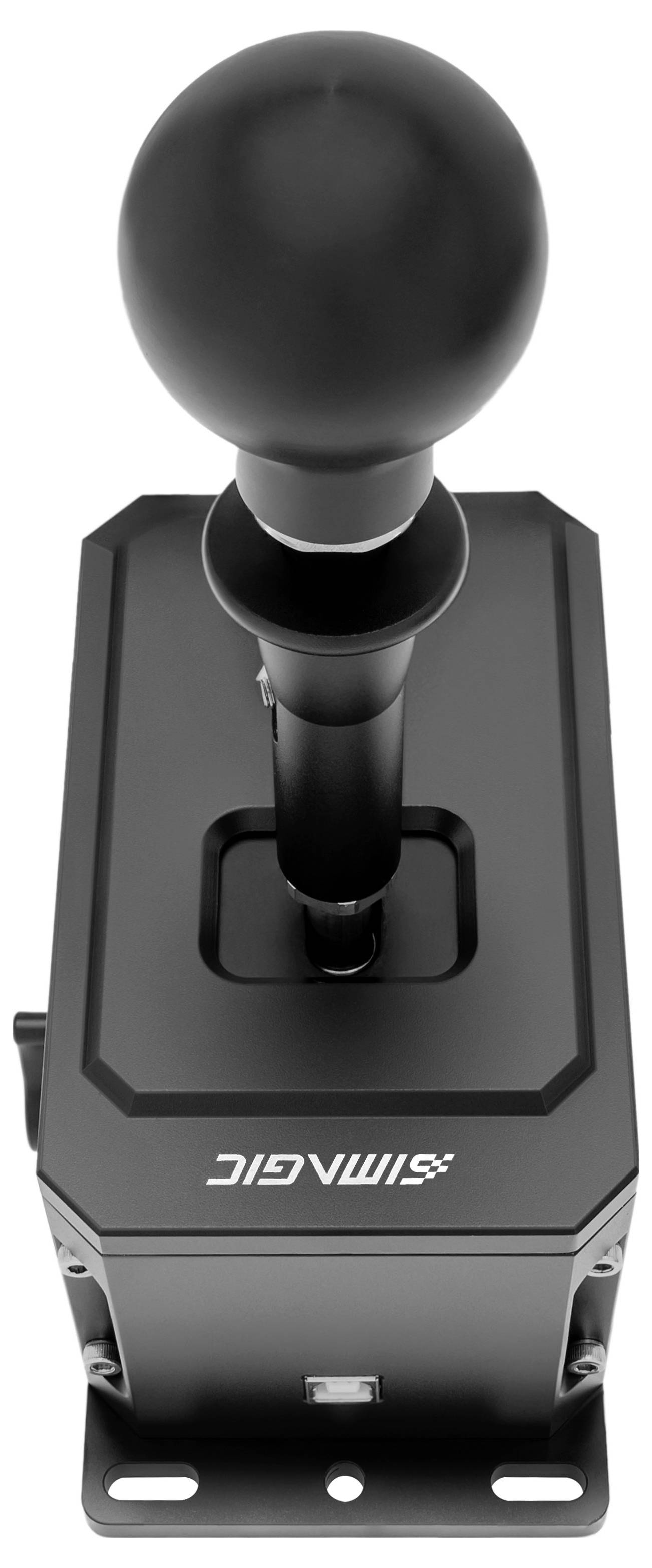 Schwarzer Joystick-Kontrolllever auf rechteckiger Basis mit „SIMAGIC