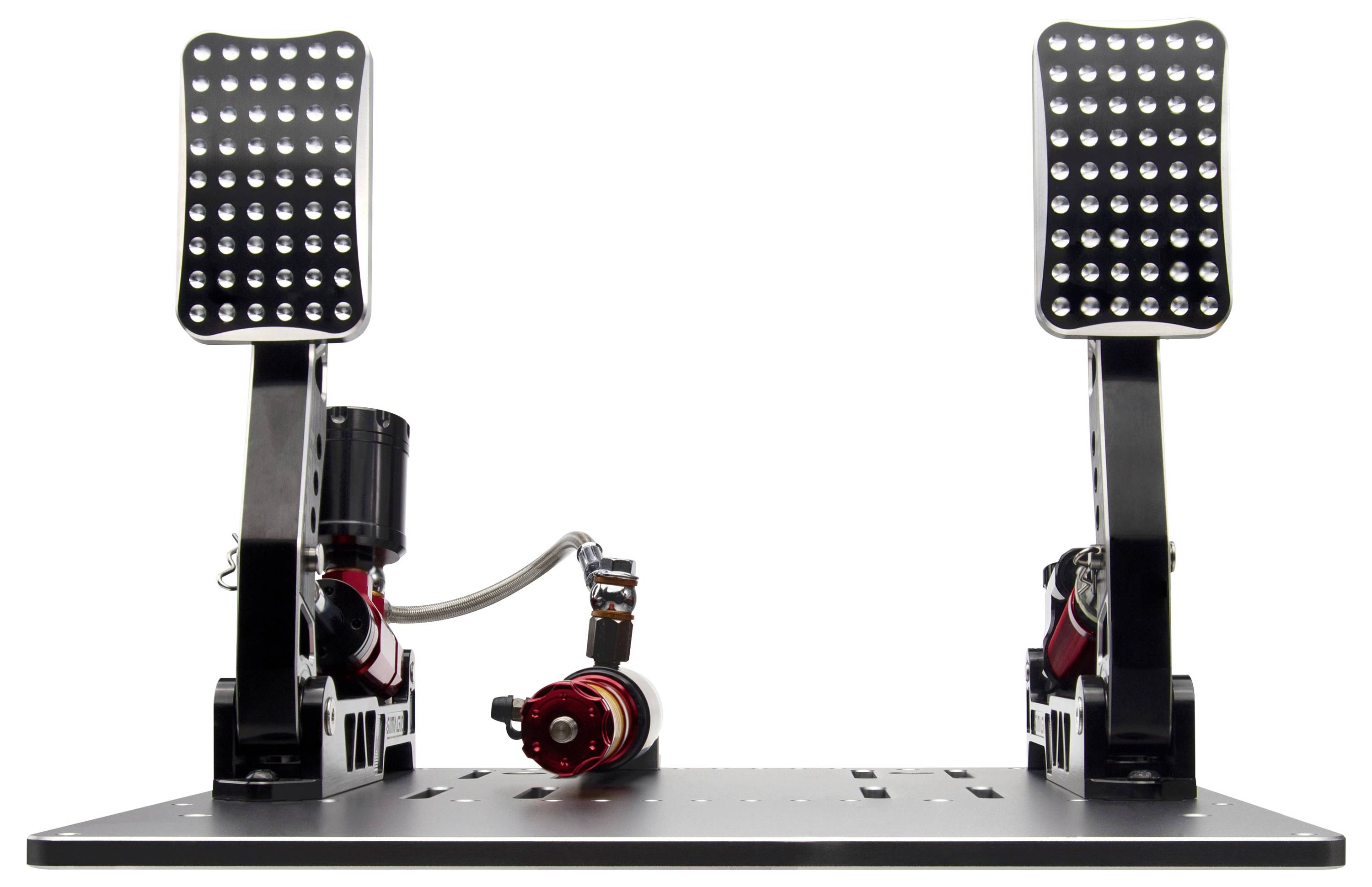 Zwei verstellbare pedalähnliche Fußstützen, die auf einem schwarzen mechanischen Sockel montiert sind, mit einer kleinen roten Motorkomponente in der Mitte.