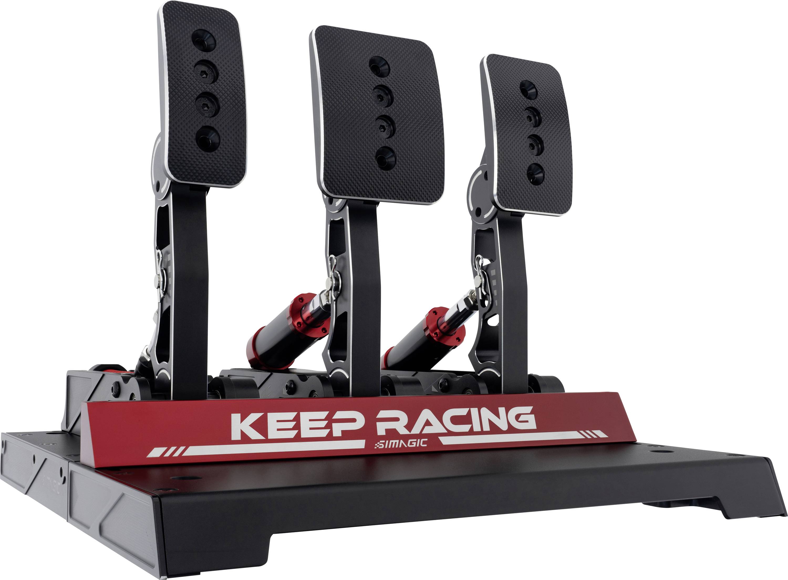Drei Rennfahrer-Simulators Pedalsets auf einer schwarzen Basis mit einem roten 