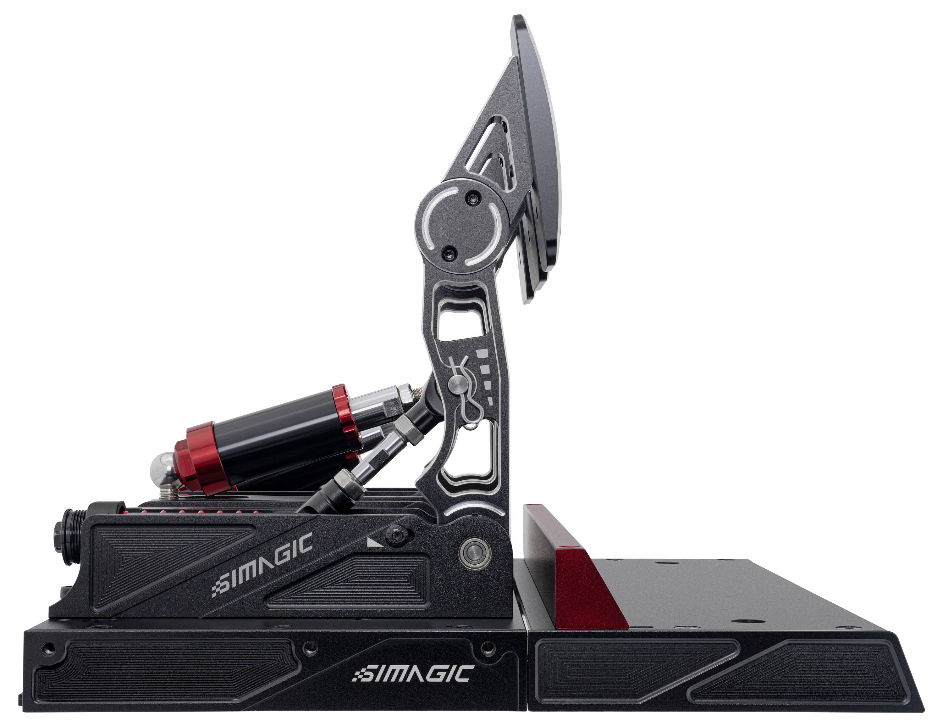 Schwarzes Simagic Sim-Racing-Pedalsatz mit erhöbenem Pedalarm und rotem Hydraulikzylinder auf einer Basisplattform, dargestellt auf weißem Hintergrund.