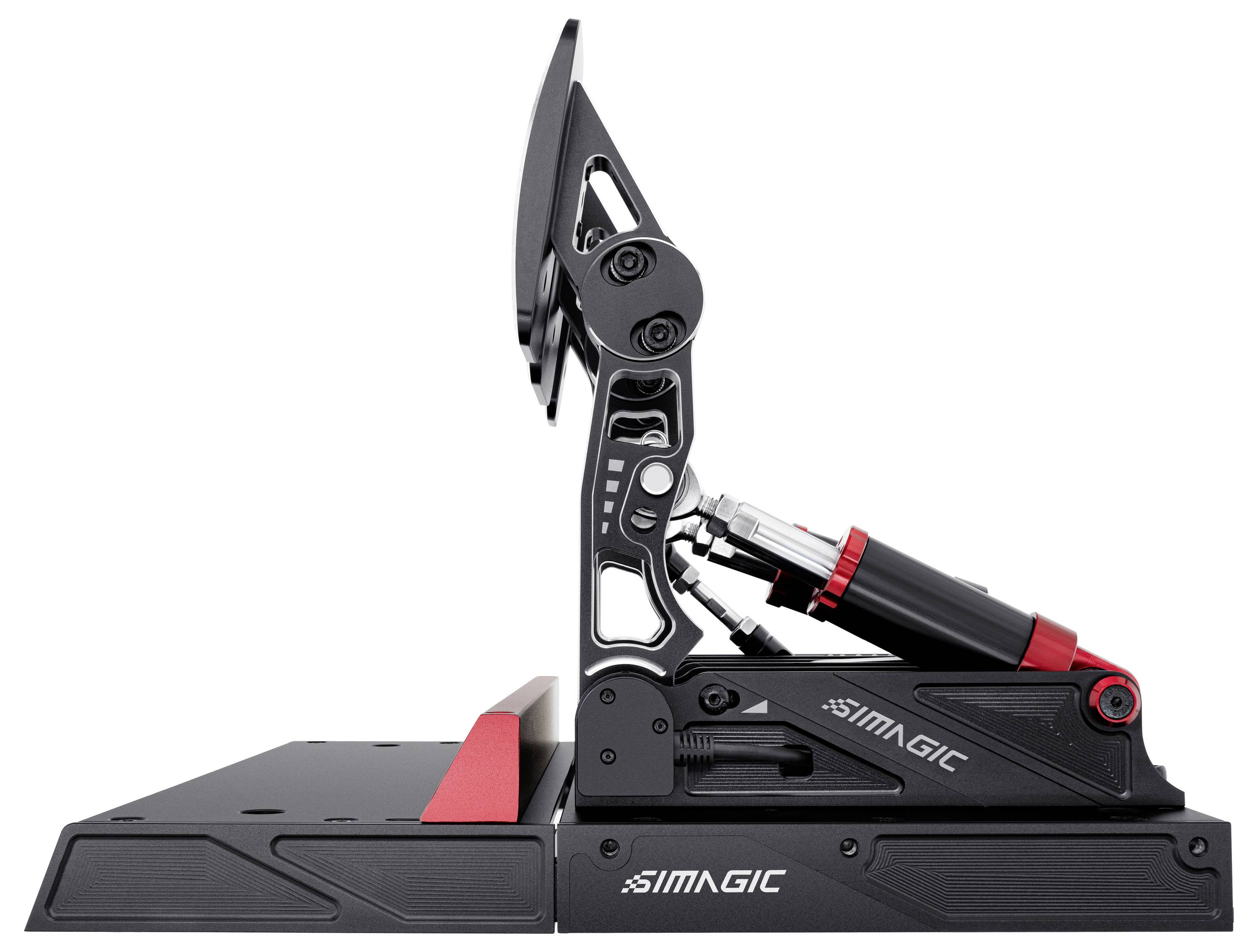 Seitenansicht einer schwarzen Simagic-Rennsimulator-Pedalanlage mit verstellbarem Fußplatte und Hydraulikzylinder, dargestellt auf weißem Hintergrund.