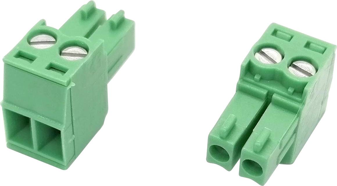 Zwei grüne zweipolige Schraubklemmenblöcke auf weißem Hintergrund, einer aufrecht und einer abgewinkelt.