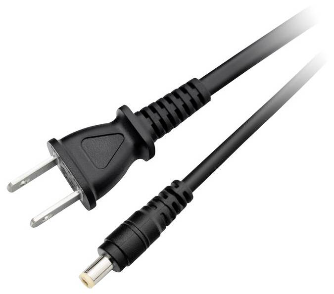 Schwarzes Stromkabel mit US-Zweistift-Stecker auf einer Seite und rundem DC-Hohlstecker auf der anderen Seite.