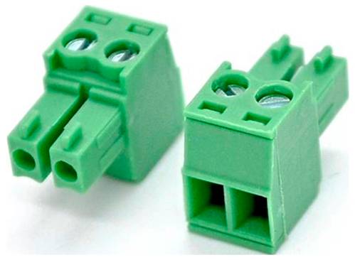 Zwei grüne zweipolige Schraubklemmen-Steckverbinder auf weißem Hintergrund dargestellt.