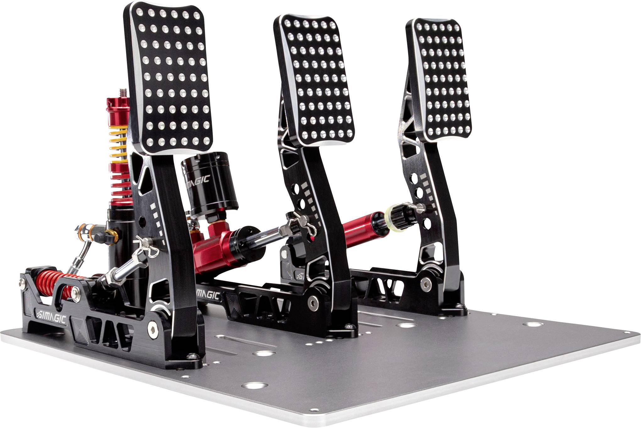 Drei schwarze Rennfahrsimulator-Pedale auf einer Metallbasis mit Gaspedal, Bremspedal und Kupplungspedal sowie roten Federstoßdämpfern.