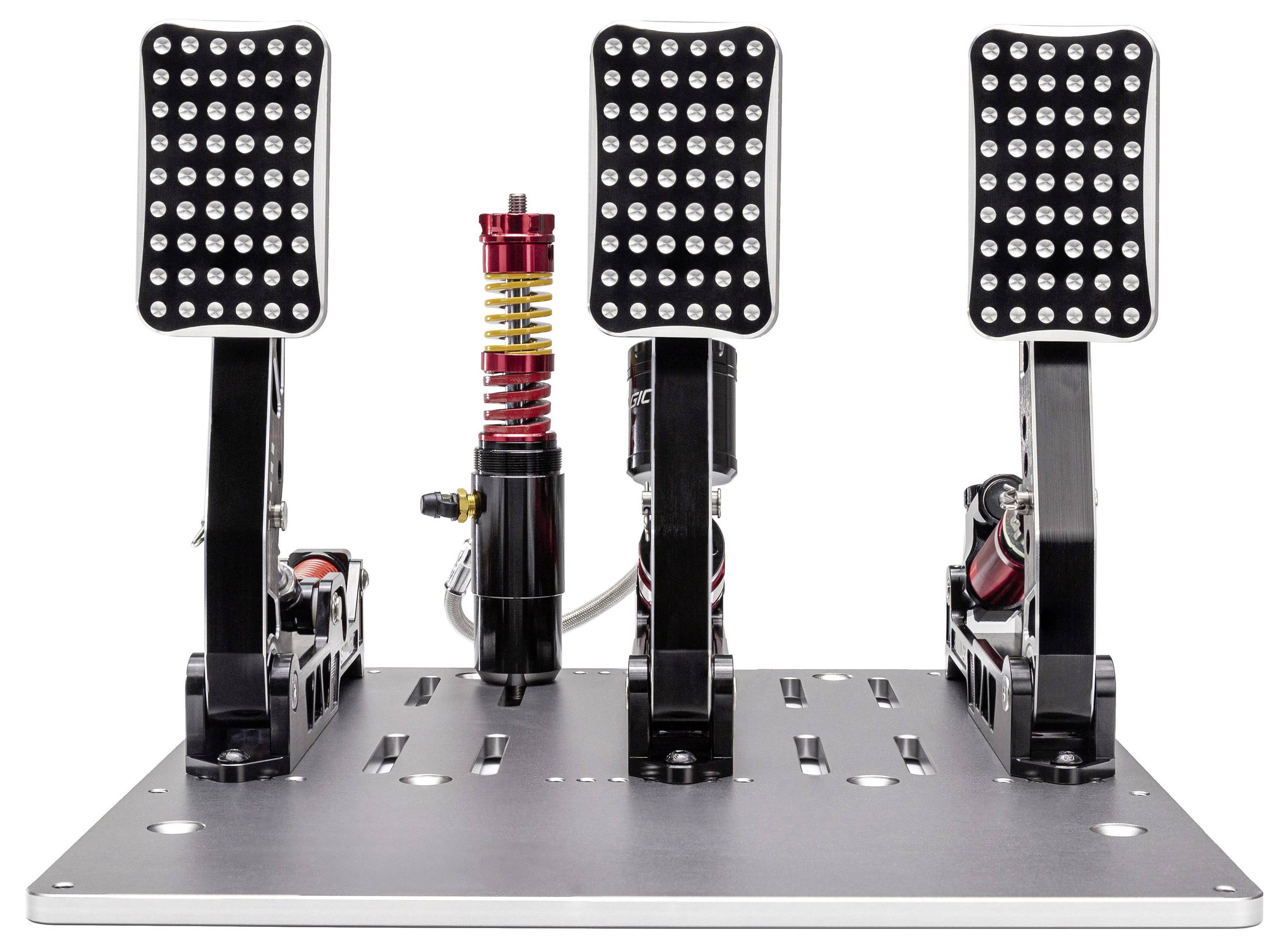 Drei Rennsimulatoren-Pedalansammlungen auf einer Metallbasis mit verstellbaren LED-Pedalflächen und einem zentralen rot-schwarzen hydraulischen Dämpfer.