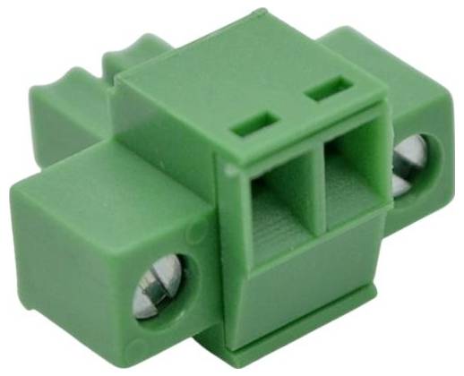 Grüner zweipoliger elektrischer Steckerblock mit Schraubklemmen, isoliert auf weißem Hintergrund dargestellt.