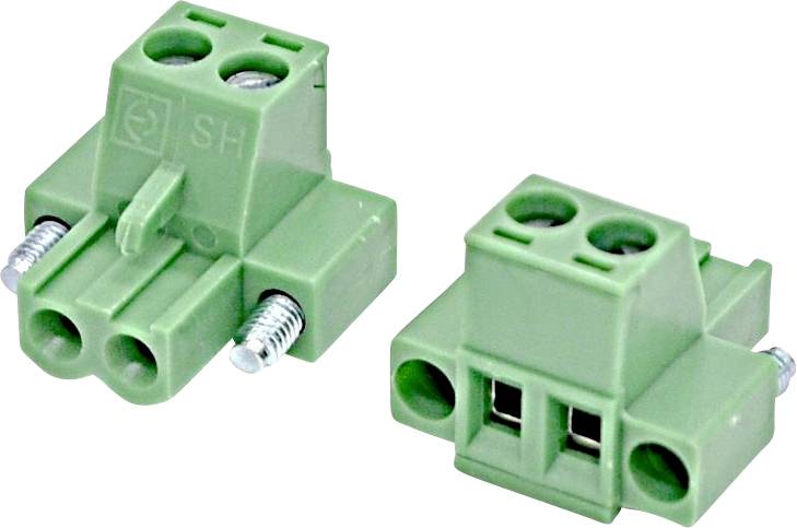 Zwei grüne zweipolige Schraubklemmen auf weißem Hintergrund dargestellt.