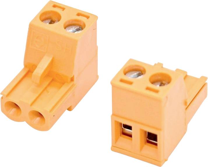 Zwei orange zweiadrige elektrische Steckverbindungsblöcke aus verschiedenen Winkeln auf weißem Hintergrund dargestellt.