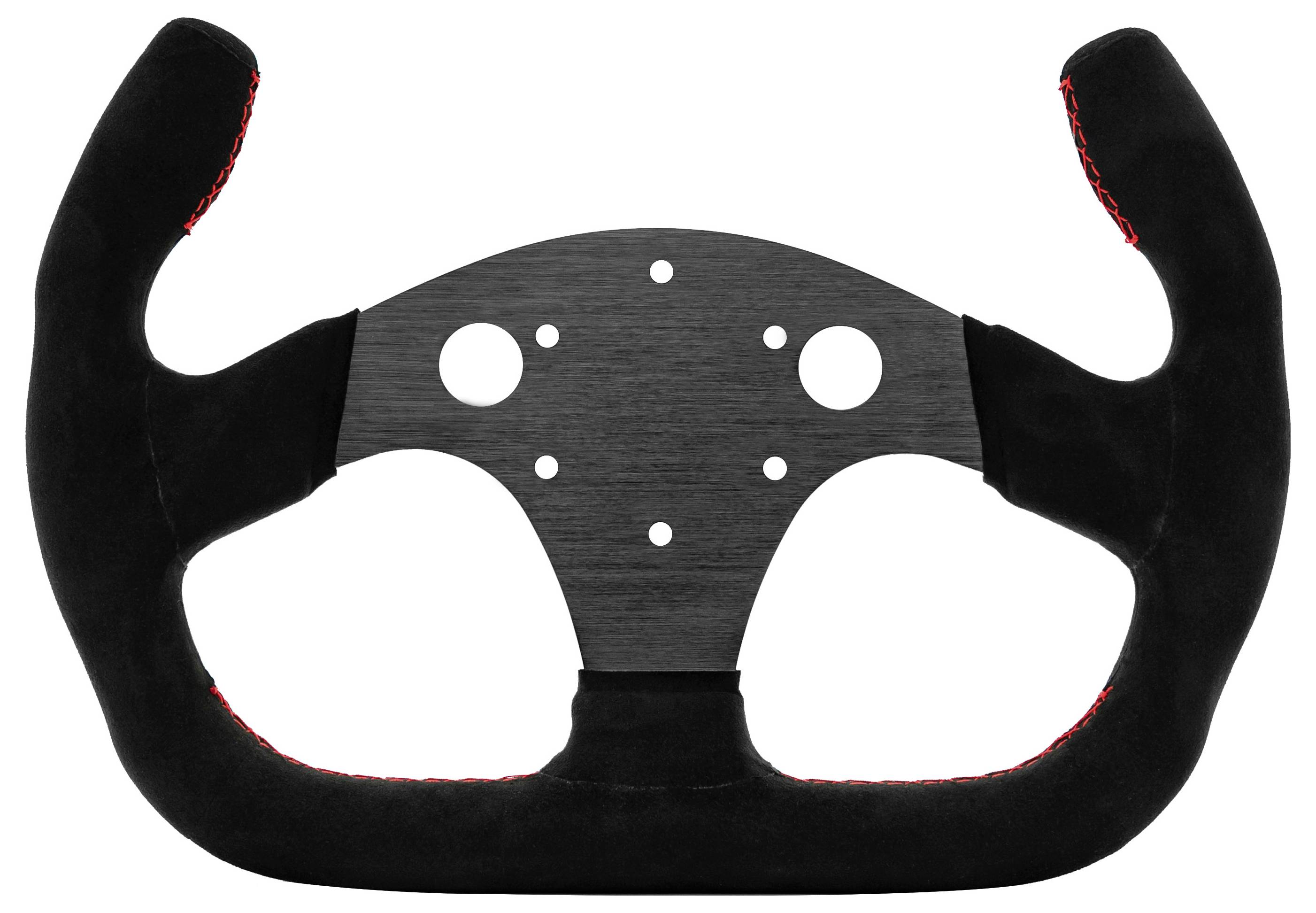 Schwarzes Rennlenkrad mit Wildledergriffen und einer gebürsteten Metallmittelplatte mit Montagelöchern.