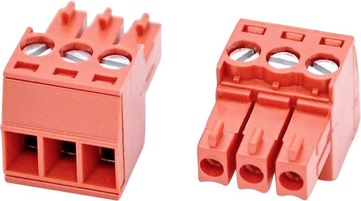Zwei rote Elektroklemmenleisten-Steckverbinder, dargestellt von vorne und aus schrägem Winkel, jeweils mit Schraubklemmen und Drahteinführungsöffnungen.