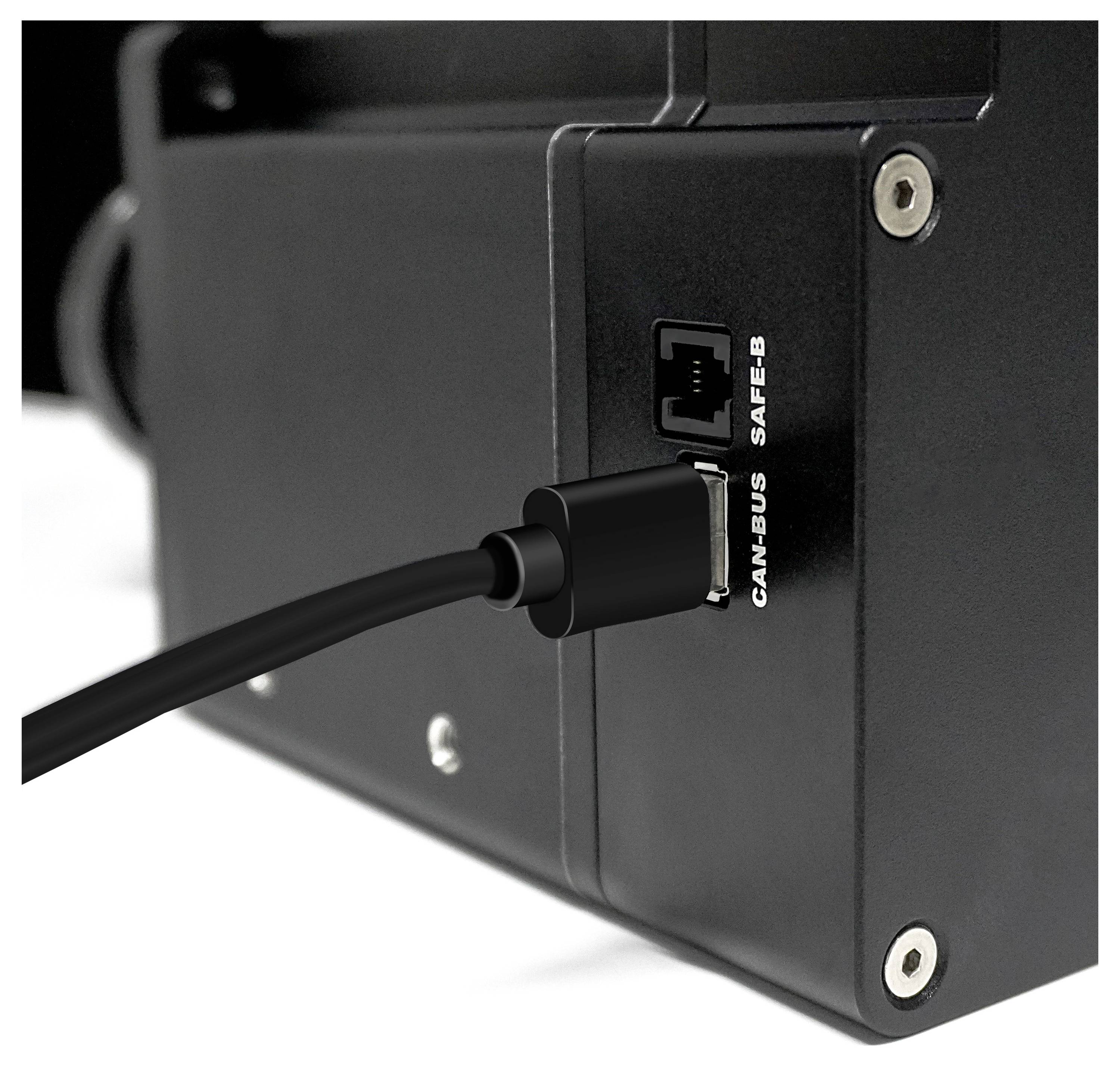 Nahaufnahme eines schwarzen Gerätepanels mit einem Kabel, das in einen mit „CAN-BUS