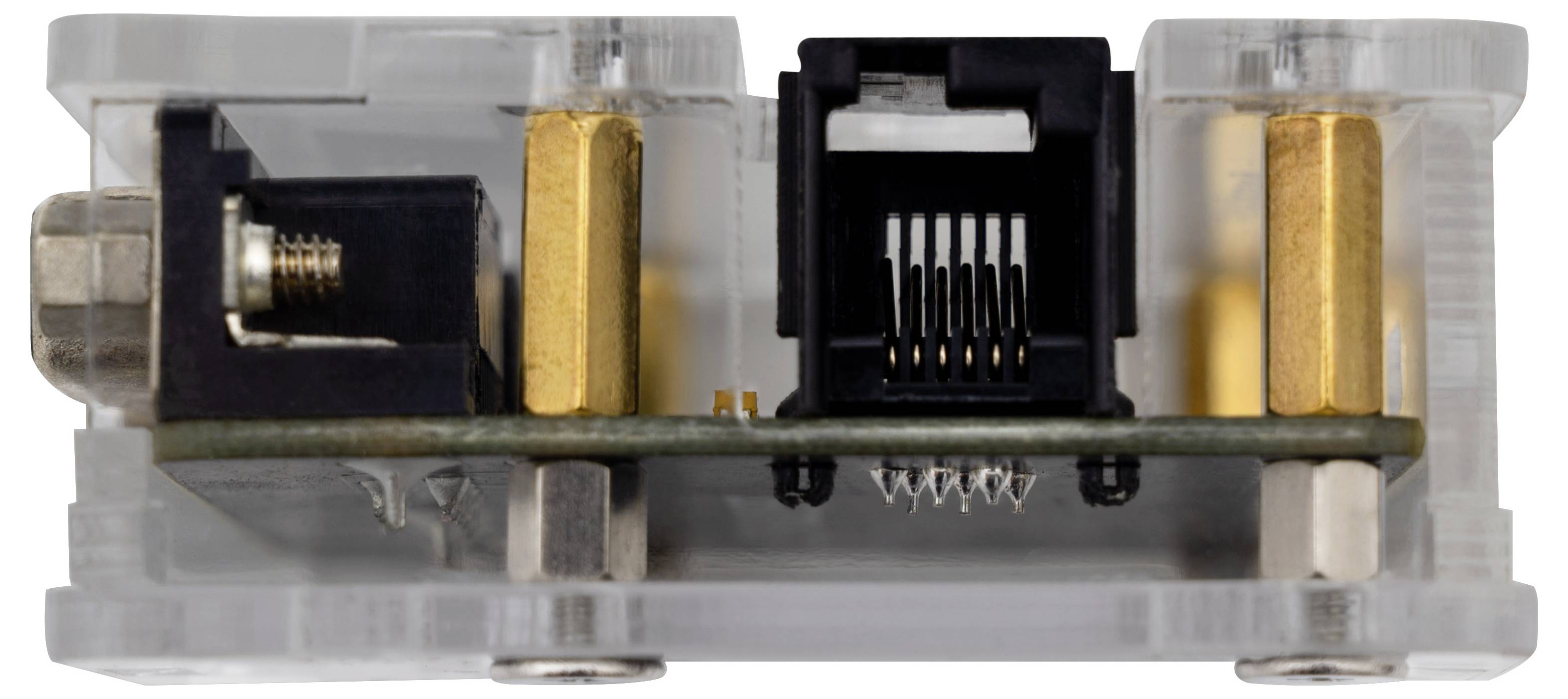 Nahaufnahme eines transparenten Netzwerk-Splitters oder Koppler mit zwei RJ-Stecker-Anschlüssen und Metallverbindern in einem durchsichtigen Kunststoffgehäuse.