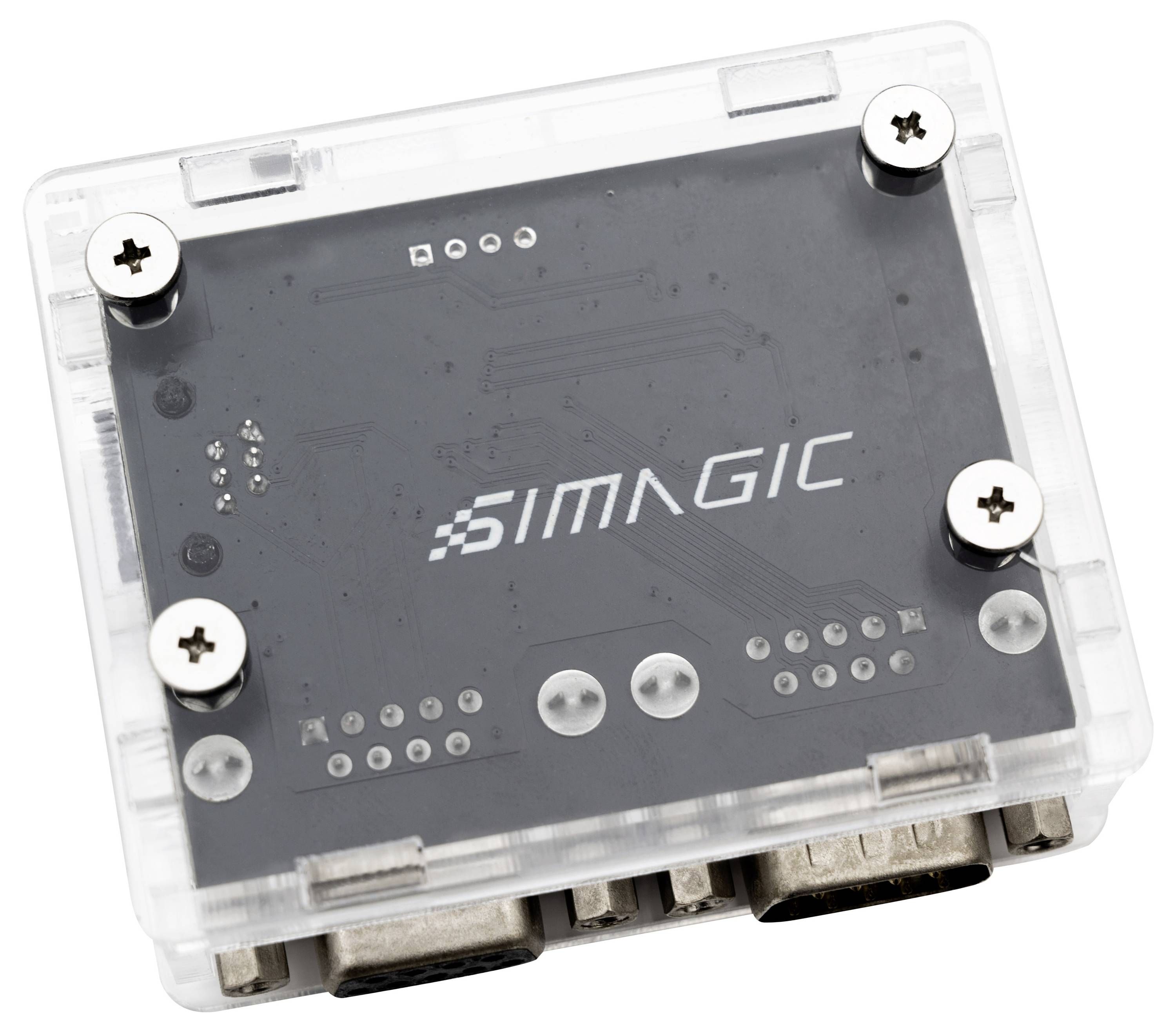 Durchsichtiges Kunststoff-Elektronikmodul mit einer dunklen Leiterplatte, die mit „SIMAGIC