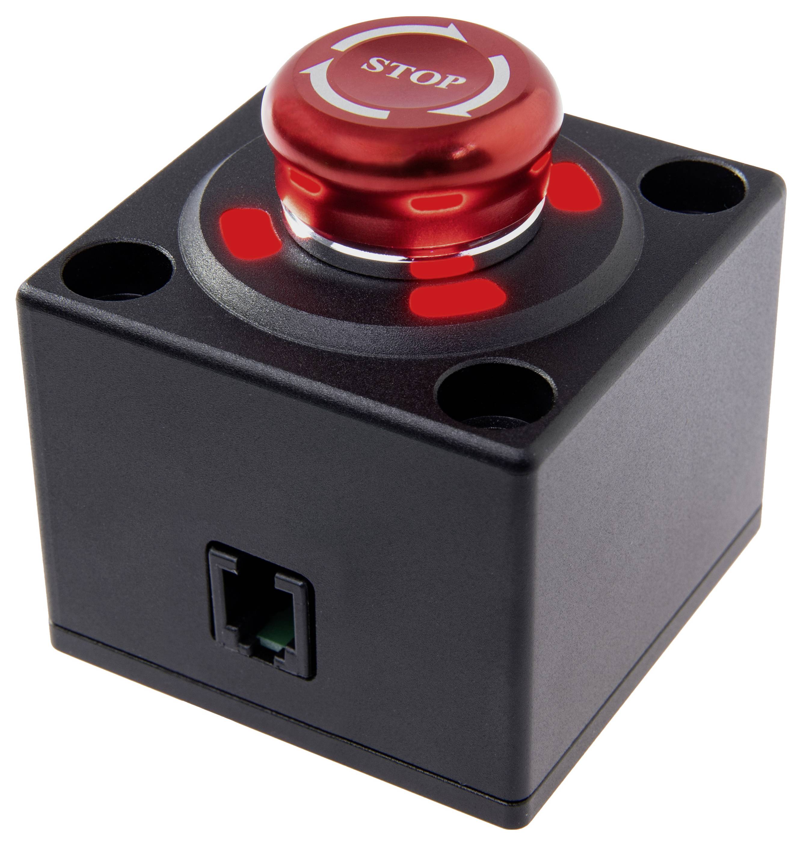 Schwarze Notfallstoppbox mit rotem beleuchtetem „STOP