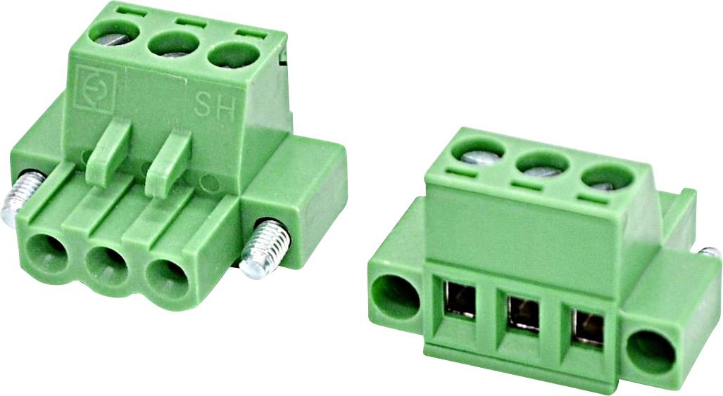 Grüner dreipoliger Schraubklemmenstecker, dargestellt aus zwei Winkeln auf weißem Hintergrund.