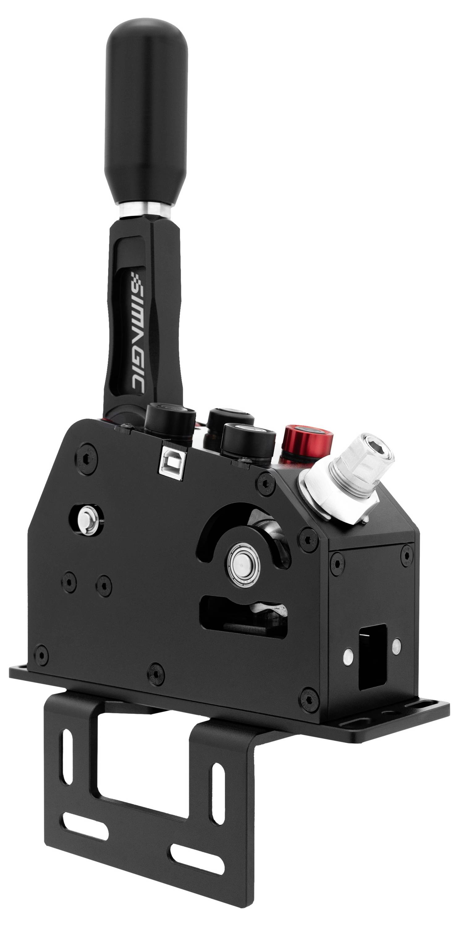 Schwarzes mechanisches Ventil mit langem Griff und mehreren Anschlüssen, montiert auf einer Metallhalterung.