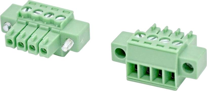 Zwei grüne Steckklemmblöcke mit Schraubklemmen auf weißem Hintergrund.