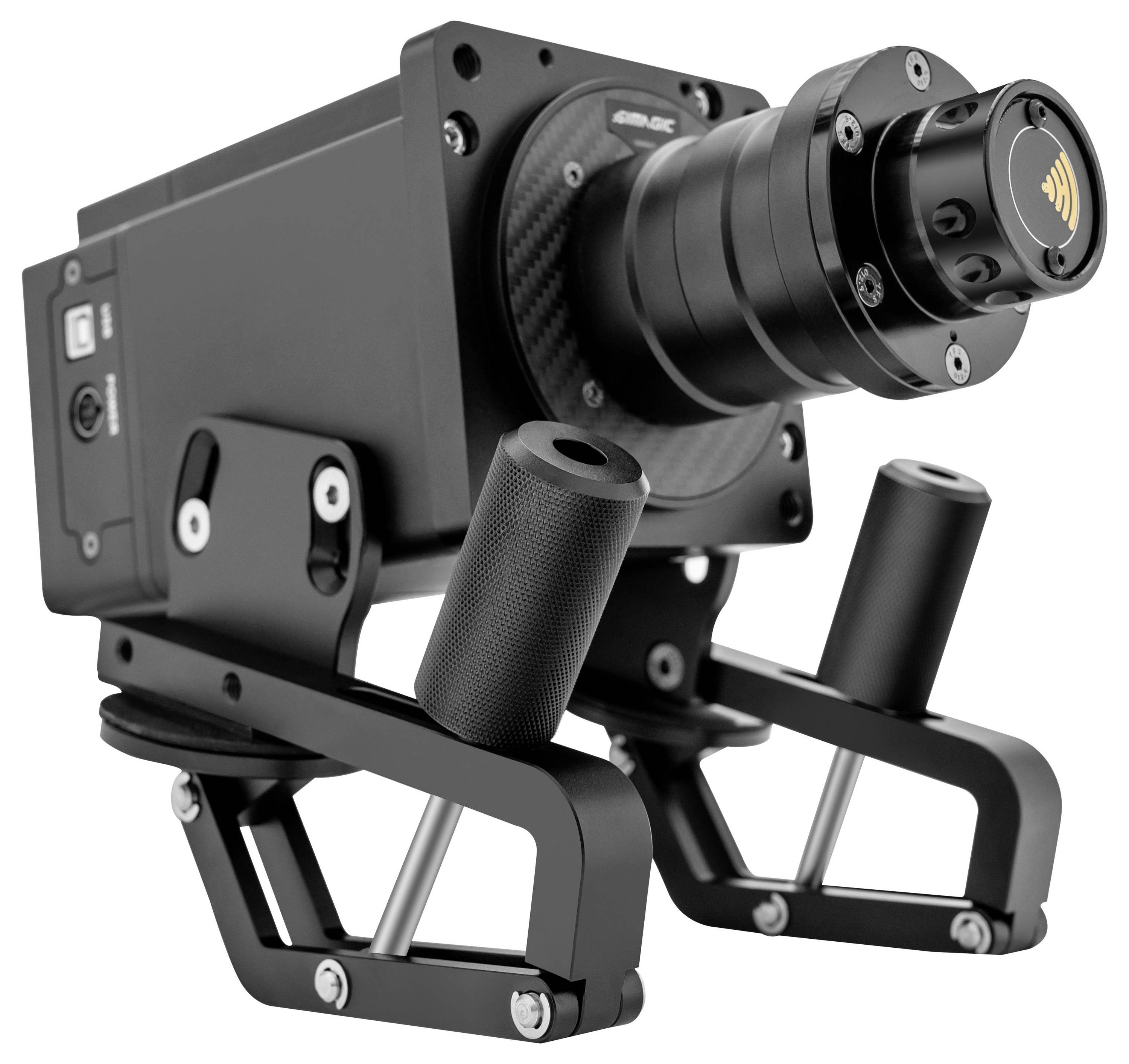 Schwarze Industriekamera oder Sensor, montiert auf einem zweiachsigen schienenguidern ähnlichen Stabilisator vor weißem Hintergrund.