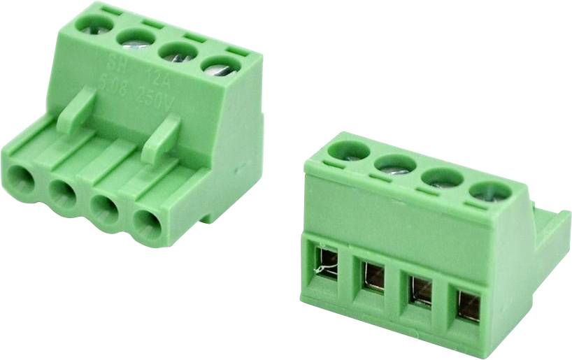 Zwei grüne vierpolige Schraubklemmenblöcke auf weißem Hintergrund, aus leicht unterschiedlichen Winkeln dargestellt.