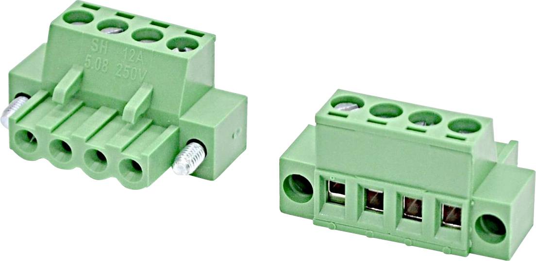 Zwei grüne Elektroklemmenblöcke mit Schraubklemmen, shown from angled side views on a white background.