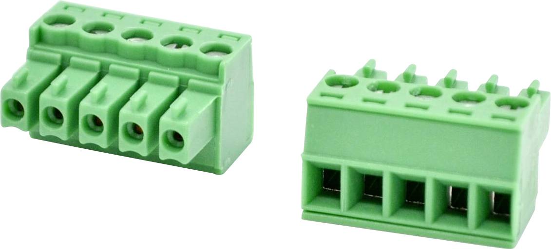 Zwei grüne mehrpolige elektrische Klemmenblöcke mit Steckerverbindern auf weißem Hintergrund.