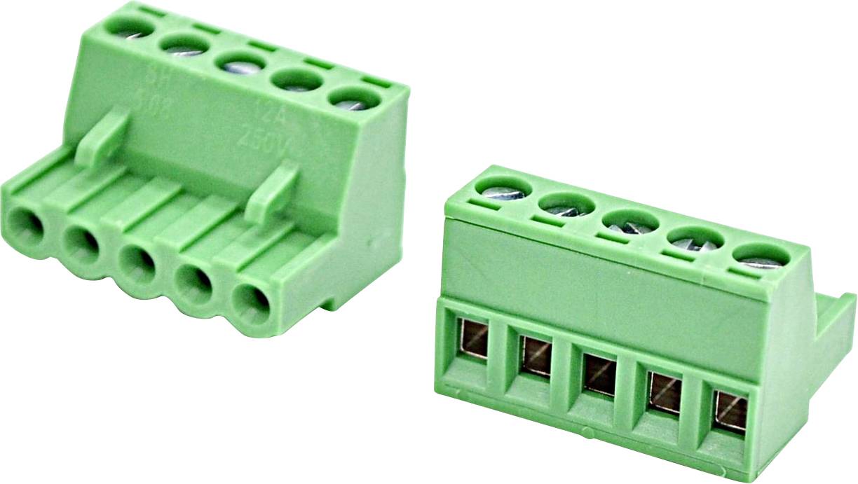 Zwei grüne 5-polige Schraubklemmenblöcke mit Drahtöffnungen, dargestellt auf weißem Hintergrund.