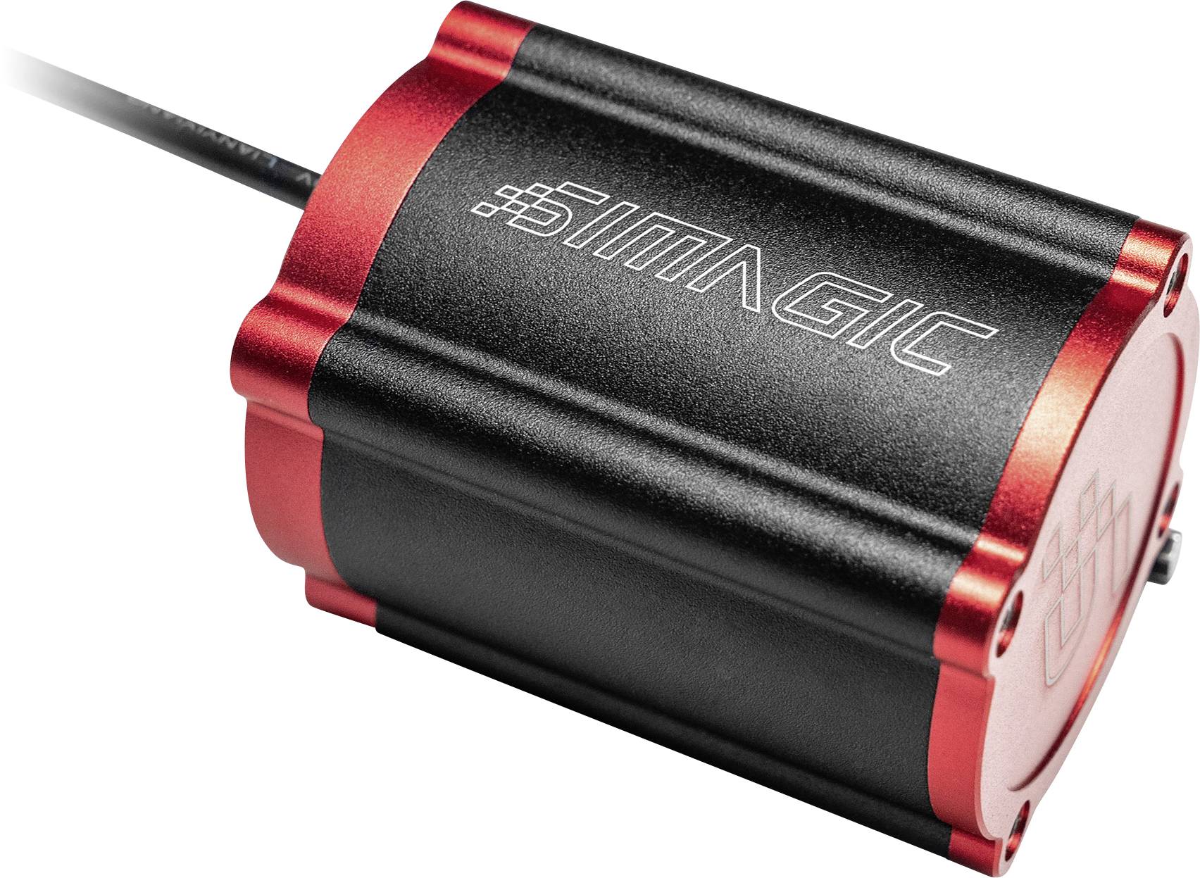 Schwarzes und rotes kompaktes zylindrisches elektronisches Gerät mit angeschlossenem Kabel, beschriftet mit „SMAGIC
