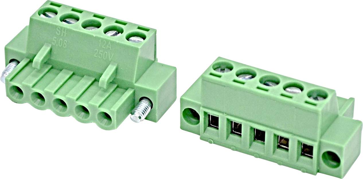 Zwei grüne Schraubklemmen-Steckverbinder mit mehreren Anschlussanschlüssen und Befestigungsschrauben, dargestellt auf weißem Hintergrund.