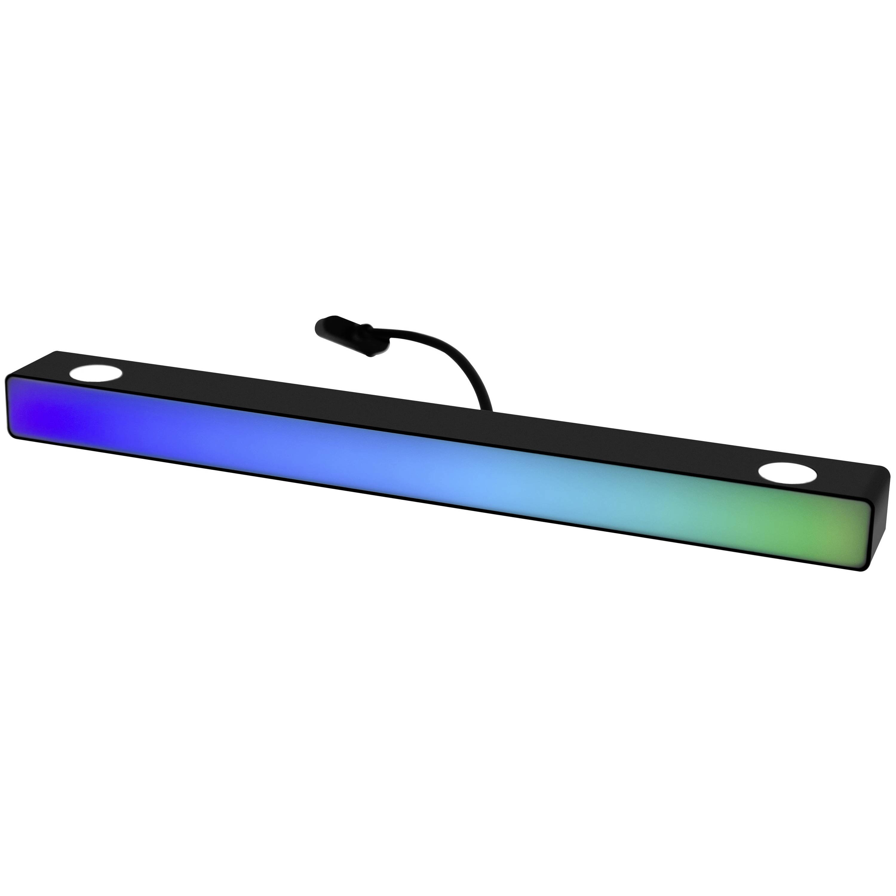 Schmale schwarze LED-Leuchtenleiste mit beleuchteter Front-Streifen in Blau-zu-Grün-Farbverlauf und kurzem angebrachtem Stromkabel.