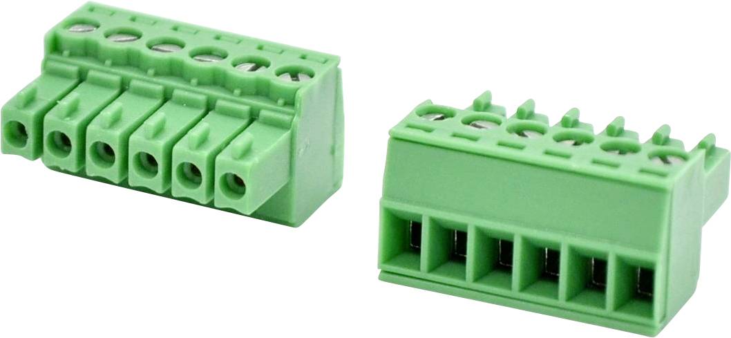 Zwei grüne 6-polige Schraubklemmblöcke, die in schrägen Vorder- und Rückansichten auf weißem Hintergrund dargestellt sind.