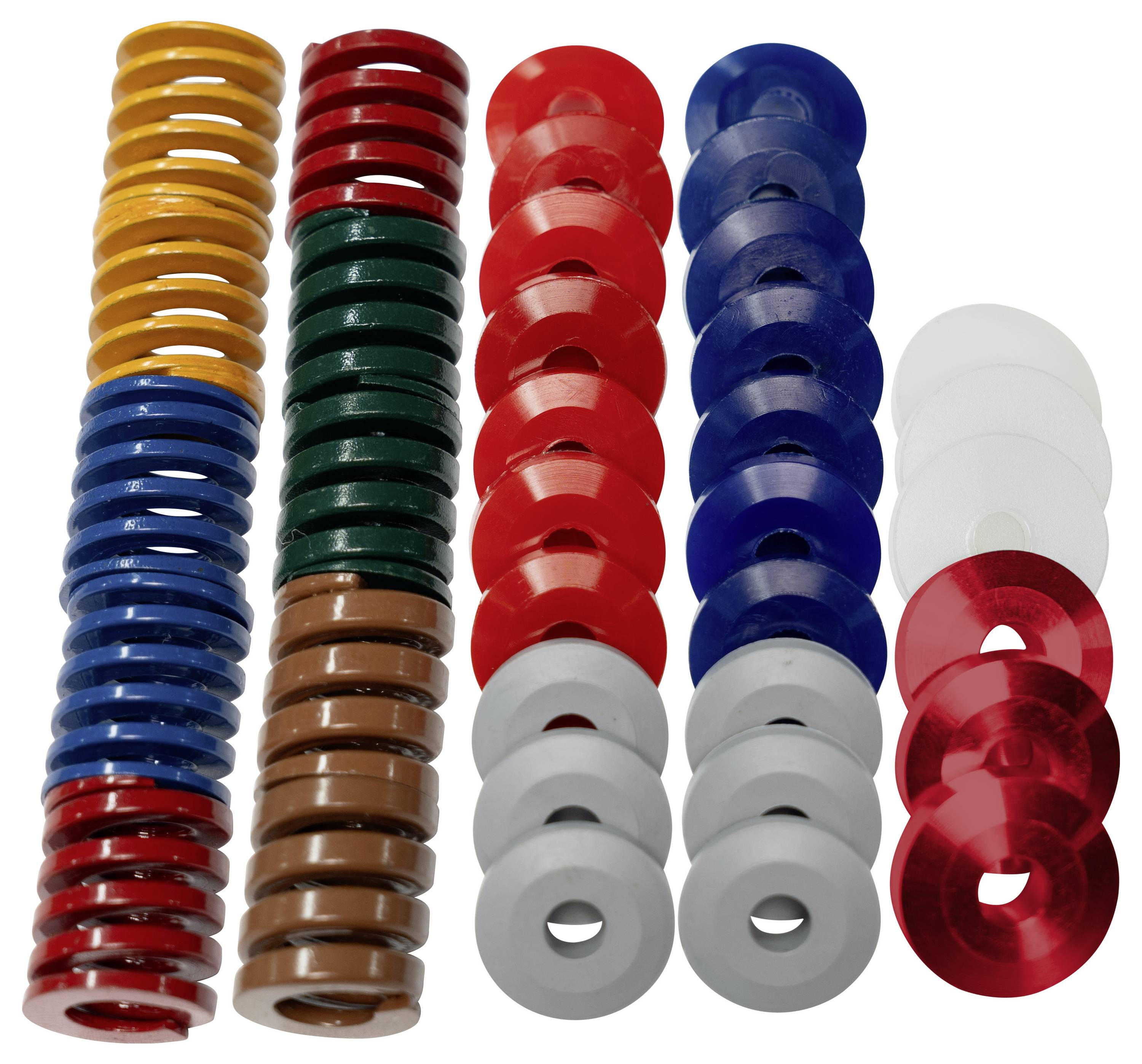 Bunte Stapel von Kunststoff-Pokerchips, nach Farbe in Spalten auf weißem Hintergrund angeordnet.