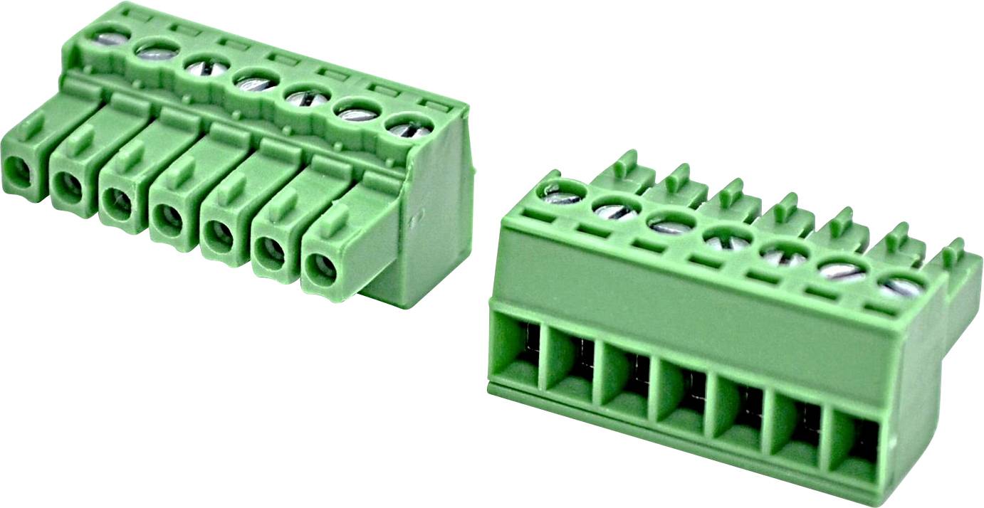 Grüner dreipoliger Schraubklemmleistenverbinder, von vorne und hinten dargestellt, mit drei Metalldrahtklemmen und Stiftöffnungen.