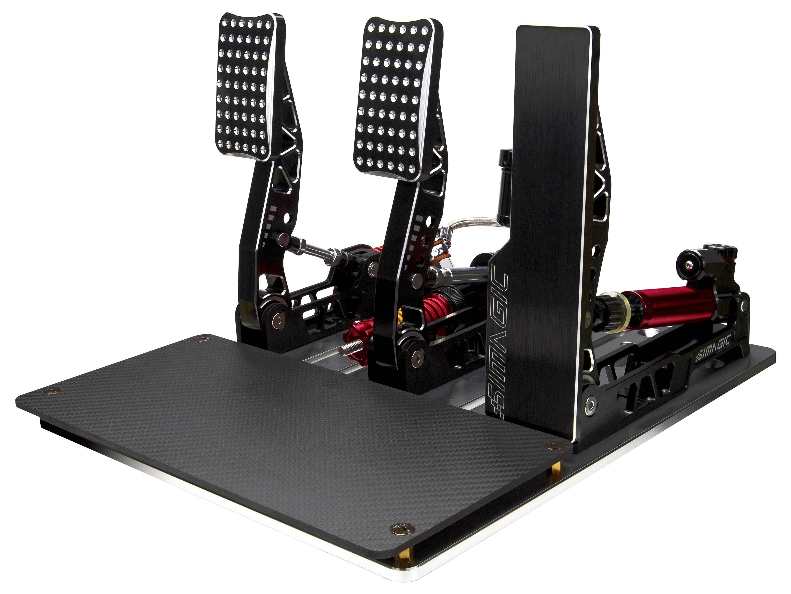 Ein schwarzes Rennkfz-Simulator-Pedalsystem aus Metall mit Gaspedal, Bremse und großer Fußplatte auf einer Basis, gezeigt auf weißem Hintergrund.