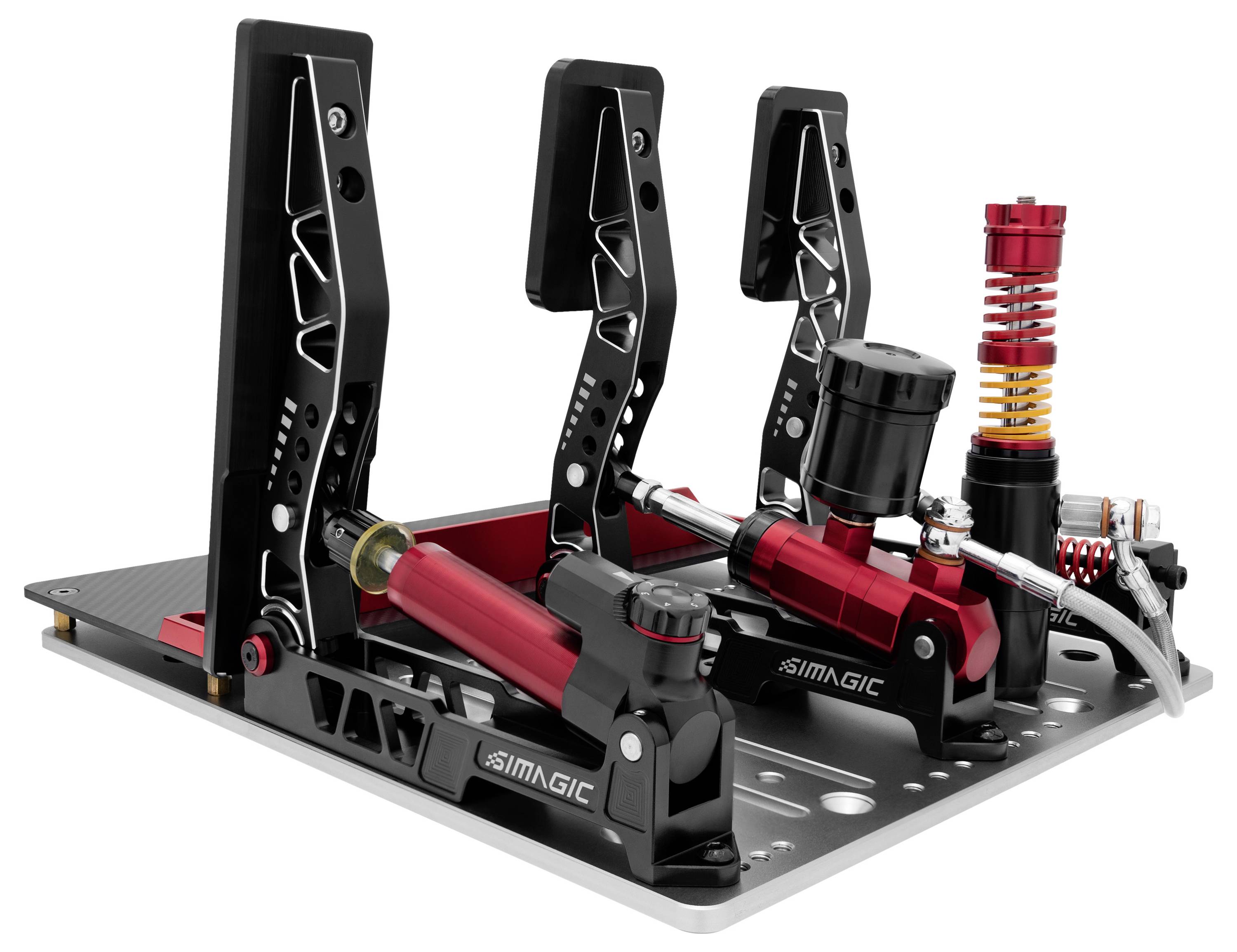 SIMAGIC Racing-Pedalsatz mit roten und schwarzen verstellbaren Pedalen, hydraulischen Zylindern und Feder-Dämpfer auf einer Metallbasis montiert.
