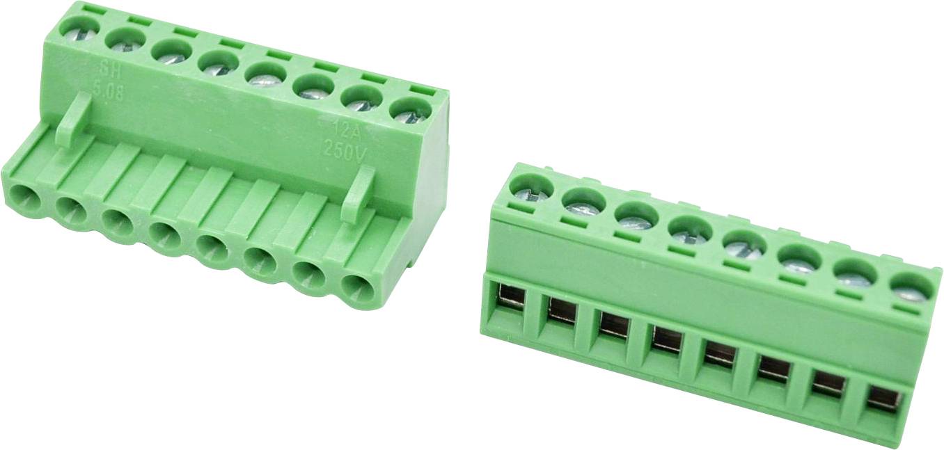 Zwei grüne Schraubklemmen-Steckverbinder, auf weißem Hintergrund dargestellt, einer in Schrägansicht mit offenen Schrauchlöchern und eine Seitenansicht mit Draht-Anschlussbuchsen.