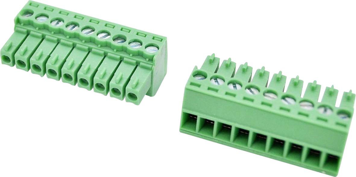 Zwei grüne mehrpolige Klemmleisten, die in leichten Winkeln auf weißem Hintergrund dargestellt sind.