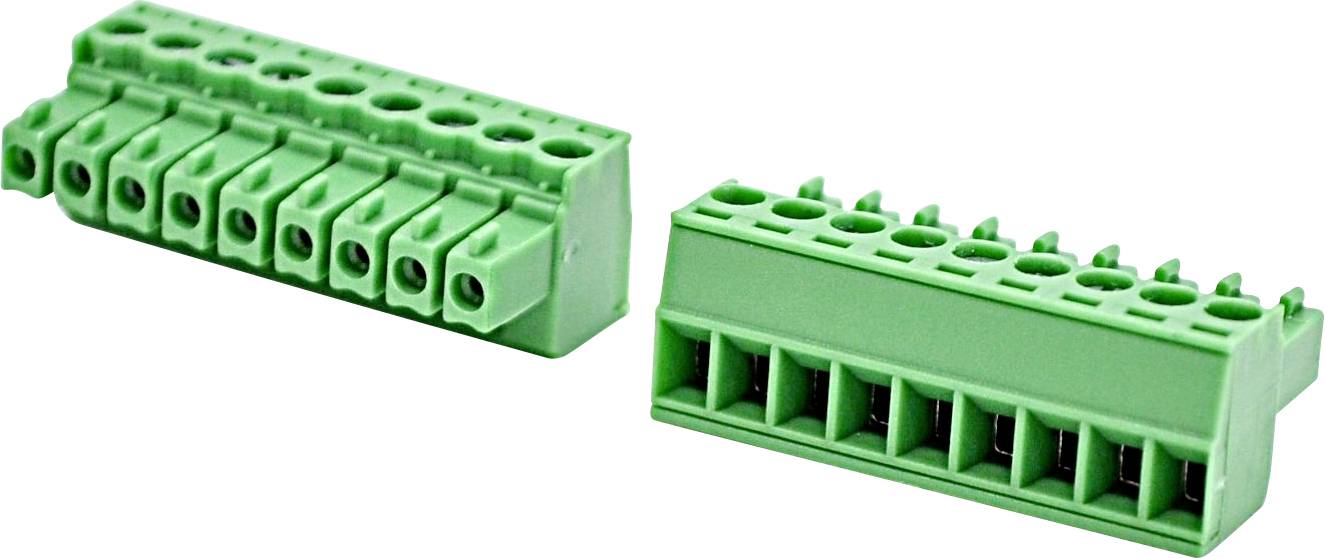 Zwei grüne 2-polige Schraubklemmen-Steckverbinder von verschiedenen Winkeln auf weißem Hintergrund gezeigt.