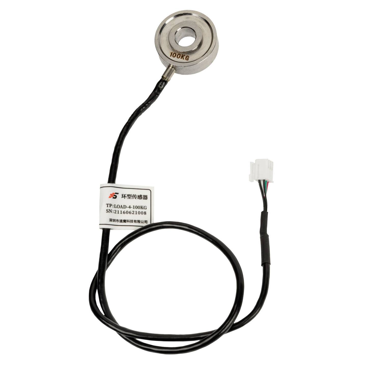 Kreisförmiger Drucksensor mit Kabel und Stecker, beschriftet mit „100KG